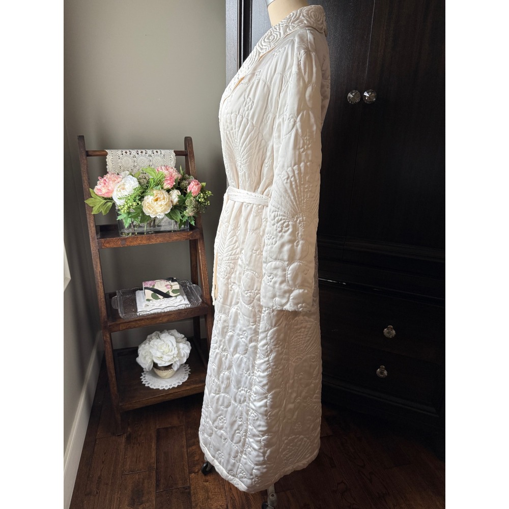 Vintage 90s Quilted Shell Trapunto Long Robe Cream Satin Dressing Gown L - Picture 3 of 14